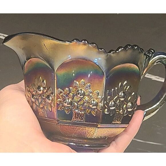 Fenton Carnival Glass Creamer Orange Tree Pattern Blue Base Scallop Edge GUC - Picture 9 of 9